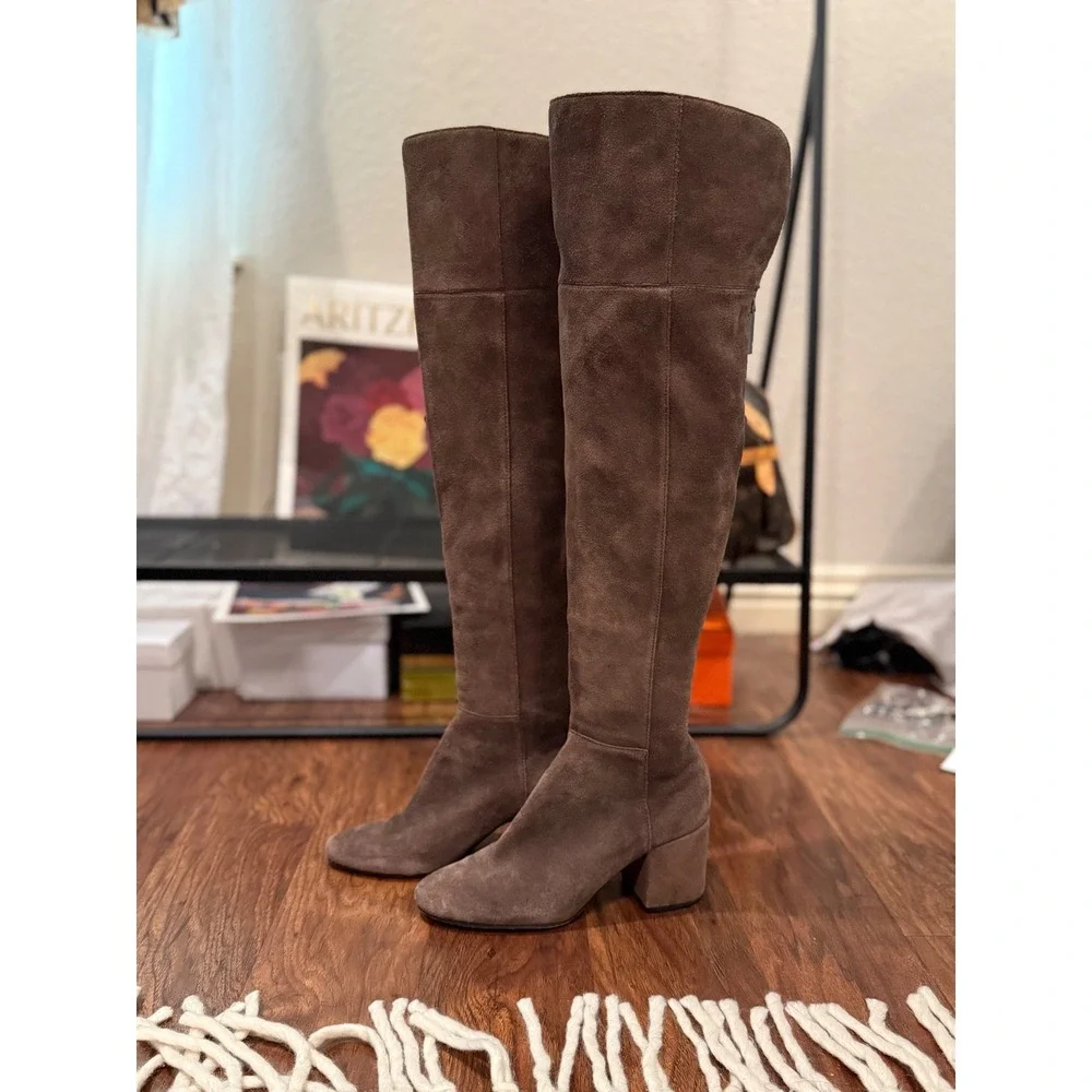 Dolce Vita Suede Over the Knee Boots Mushroom Taupe Chunky Heel Size 8
